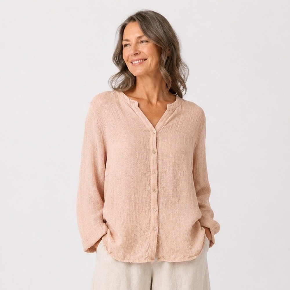 FLAX Linen Shirt Women P Dusty Blush Button Down Long Sleeve Textured Lagenlook